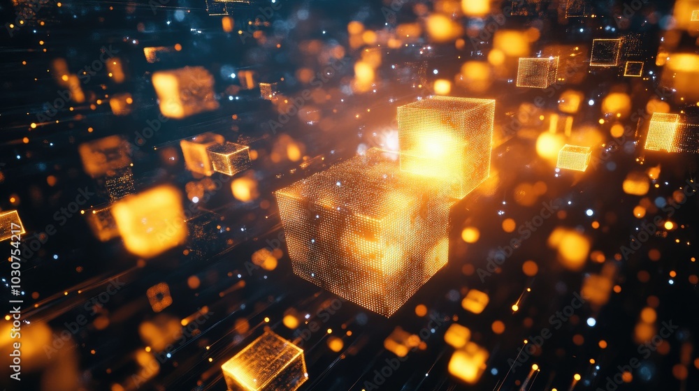 Aufkleber abstract geometric shapes and glowing digital particles representing the future of tech processes an