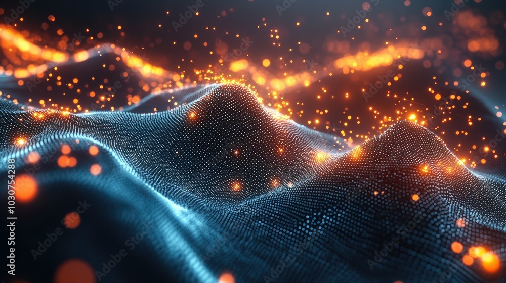 Poster abstract geometric shapes and glowing digital waves representing the future of technological process