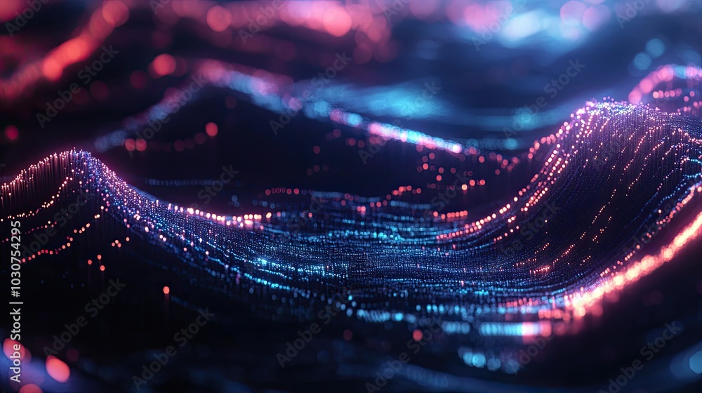 Poster abstract geometric shapes and glowing digital waves representing the future of technological process