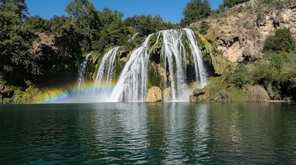 Obraz premium A stunning waterfall cascades down a rocky cliff face, creating a rainbow over a calm pool of water.