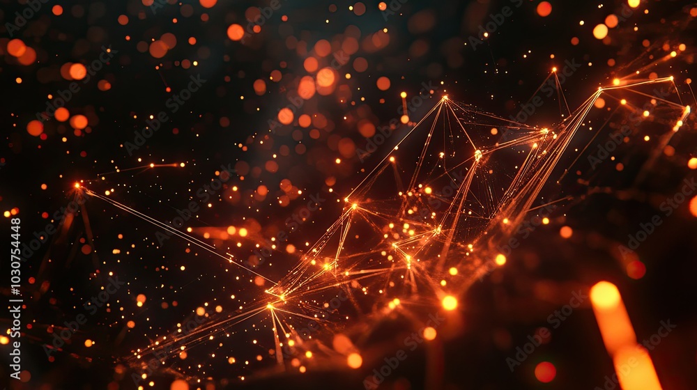 Poster abstract geometric shapes and glowing particles representing tech processes and digital infrastructu