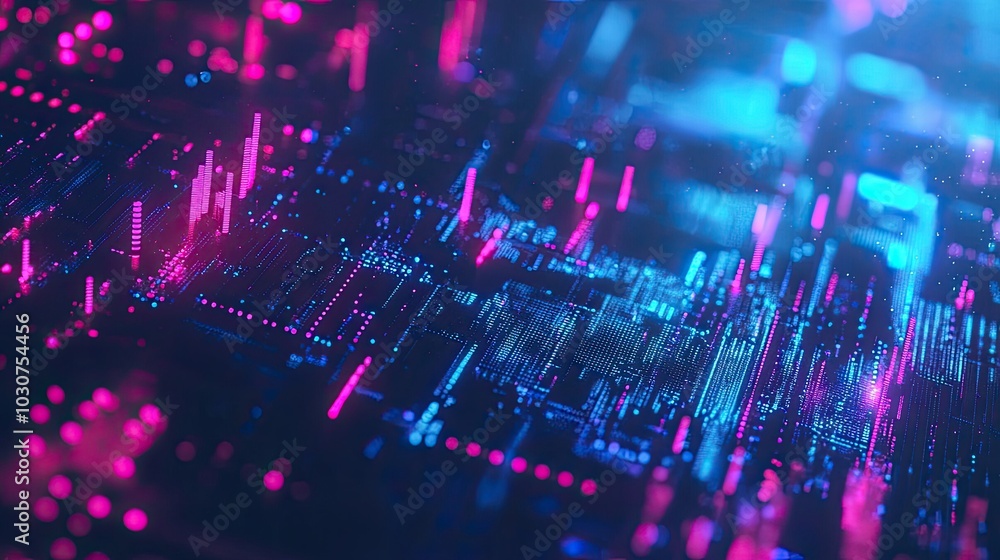 Poster abstract geometric shapes and glowing particles representing tech processes and digital infrastructu