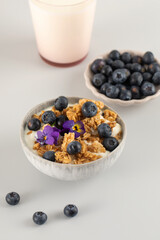A healthy nutritious breakfast of natural Greek yoghurts, granola and fresh berries 