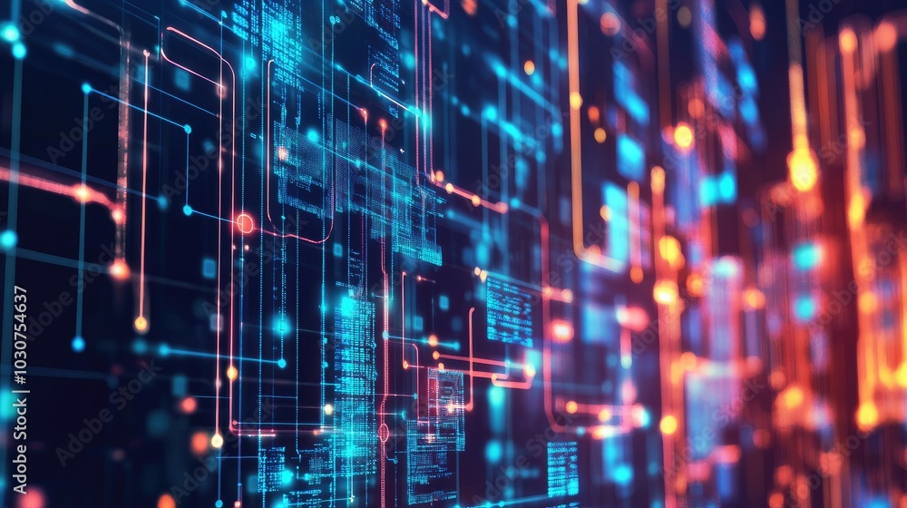 Poster abstract glowing circuitry with digital data points symbolizing tech processes and digital innovatio