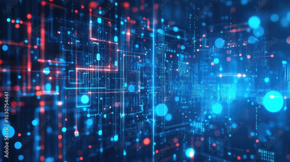 Poster abstract glowing circuitry with digital data points symbolizing tech processes and digital innovatio