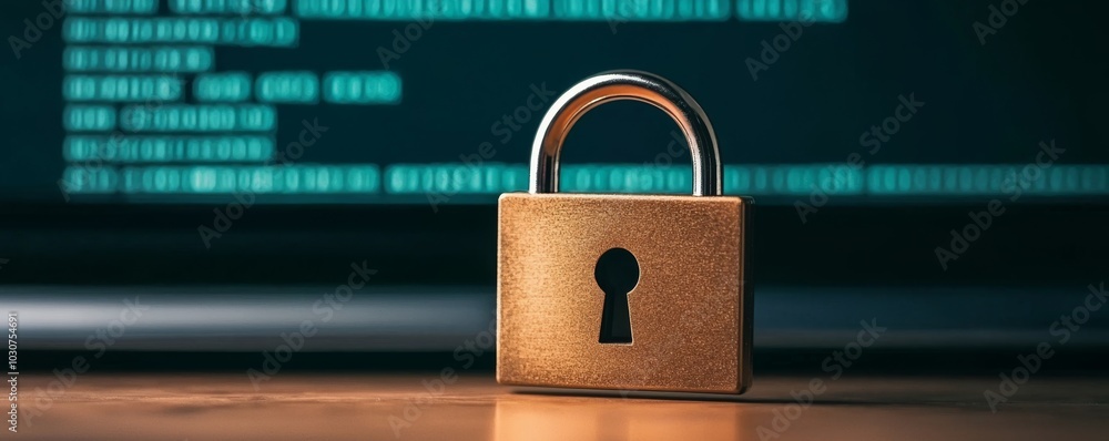 Poster a close-up of a rusty padlock in front of glowing digital code, symbolizing security and encryption 