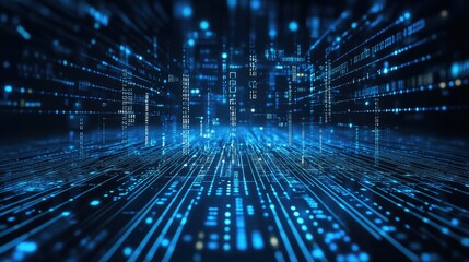 Abstract glowing binary code and circuit patterns representing technological infrastructure and digital flow