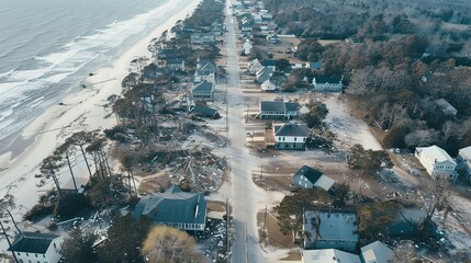 Aerial view of coastal town after hurricane, with uprooted trees, collapsed buildings, and debris scattered across streets, capturing the aftermath of natural disaster.