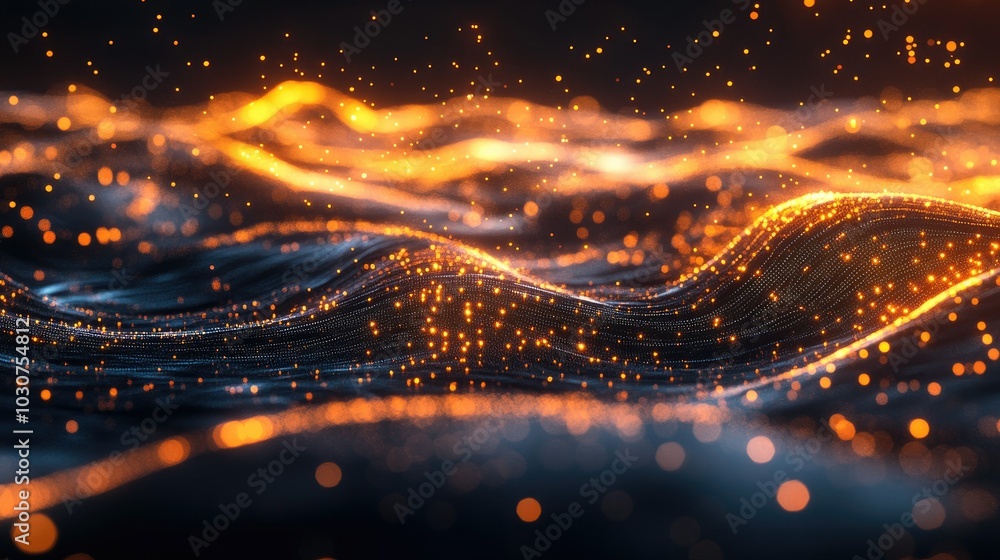 Poster abstract glowing data waves and digital particles representing the flow of information in high-tech 