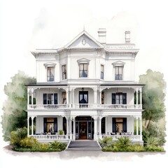 Fototapeta premium A detailed illustration of a grand white Victorian-style house.