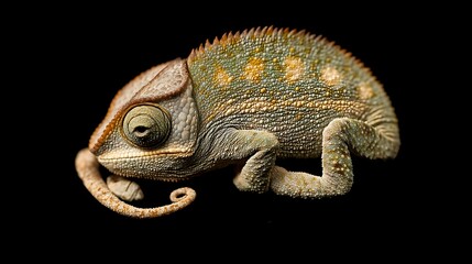 Naklejka premium A close-up shot of a small chameleon with a curled tail, isolated on a black background.