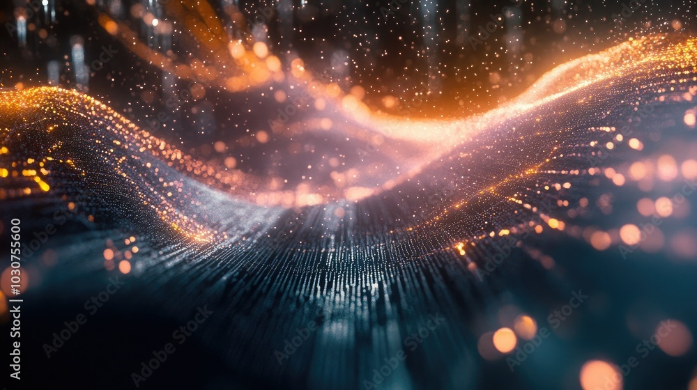 Poster abstract glowing particles and digital waves in a futuristic environment representing tech-driven pr