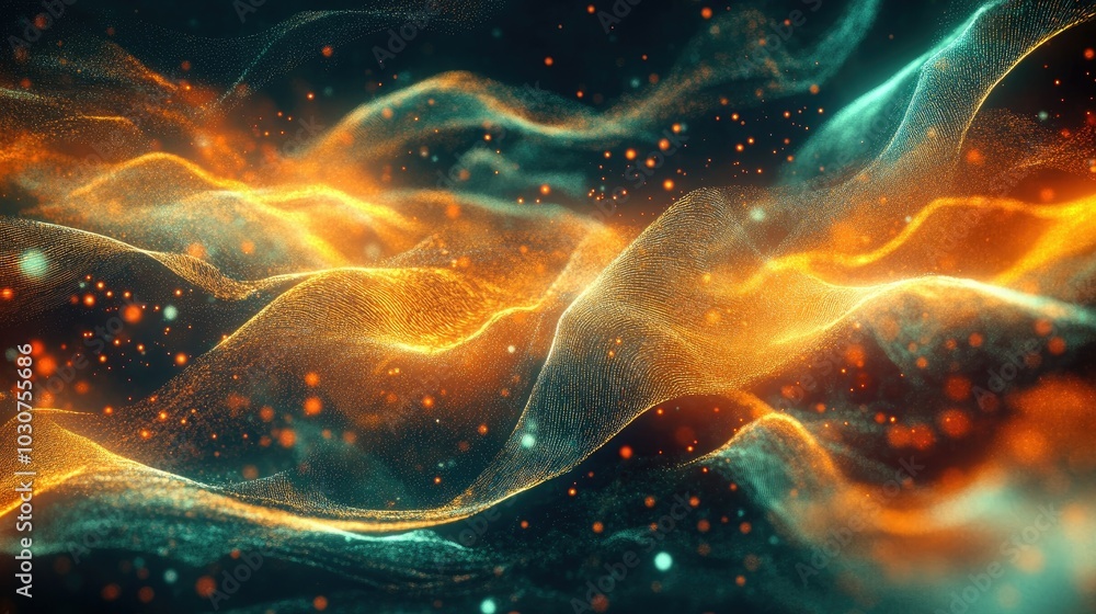 Poster abstract glowing particles and digital waves in a futuristic environment representing tech-driven pr