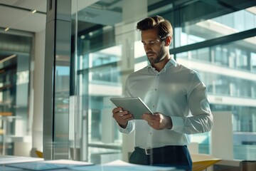 Business professional in a modern office environment using a tablet, focused on work and productivity in a bright, sleek, and tech-driven workspace