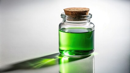 Forced perspective green liquid in a small jar with stopper casting shadow on white background