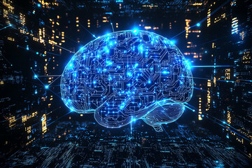futuristic digital brain made of glowing blue circuits, AI generated