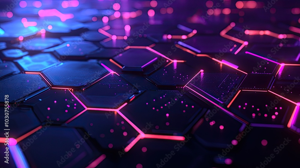 Poster abstract hexagonal mesh with glowing lines and digital particles representing the future of tech pro