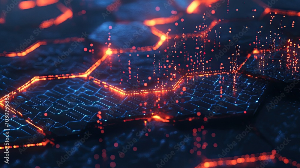 Poster abstract hexagonal mesh with glowing lines and digital particles representing the future of tech pro