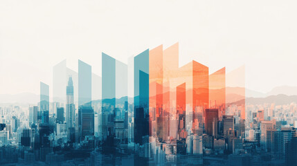 Fototapeta premium image showcases city skyline with abstract geometric shapes overlaying it, symbolizing economic divisions and policies. contrasting colors evoke sense of complexity and change