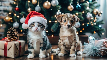 Christmas Puppy and Kitten with Presents  generative ai