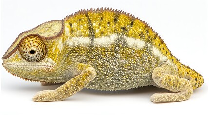 Fototapeta premium A yellow chameleon with white stripes, isolated on a white background.