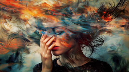 A woman with a stressed, troubled and frazzled expression, depicting the chaotic and disorganised state of mind.