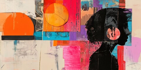 Fototapeta premium Abstract collage with colorful shapes and a silhouette.