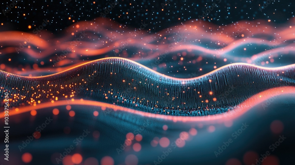 Poster abstract high-tech digital background with glowing data points and flowing waves representing tech-d