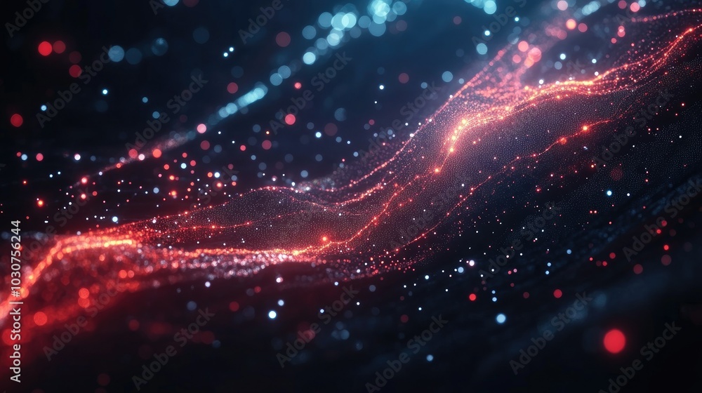Poster abstract high-tech data flow with glowing lines and dots symbolizing digital transmission and comput