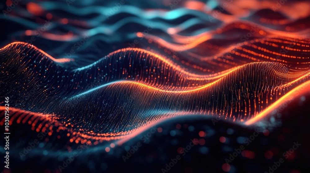 Poster abstract high-tech digital background with glowing data points and flowing waves representing tech-d