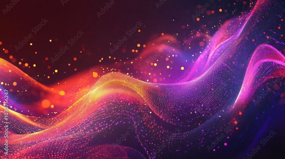 Poster abstract high-tech digital background with glowing data points and flowing waves representing tech-d