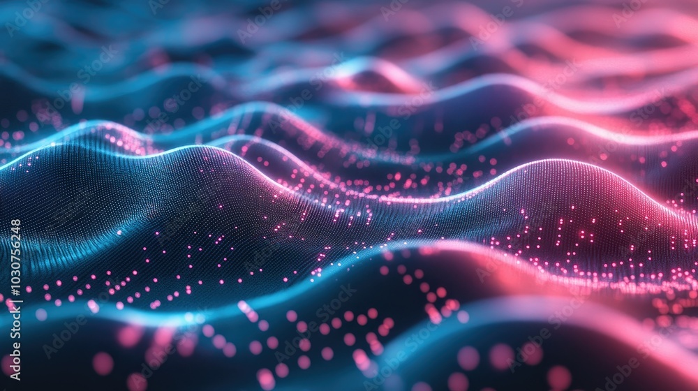 Poster abstract high-tech digital background with glowing data points and flowing waves representing tech-d