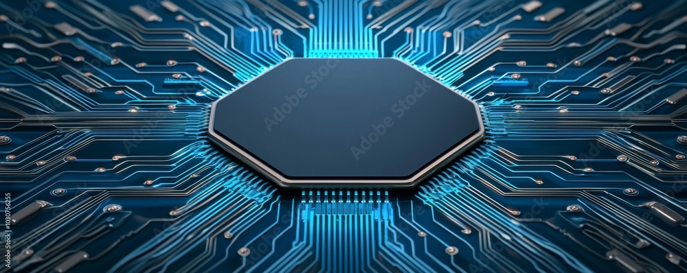 Poster a close-up of a microchip surrounded by intricate circuit pathways, highlighting modern technology a