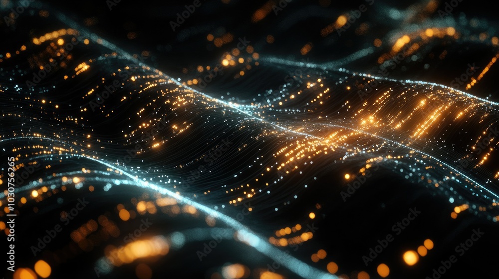 Poster abstract high-tech digital background with glowing particles and nodes representing data flow and te