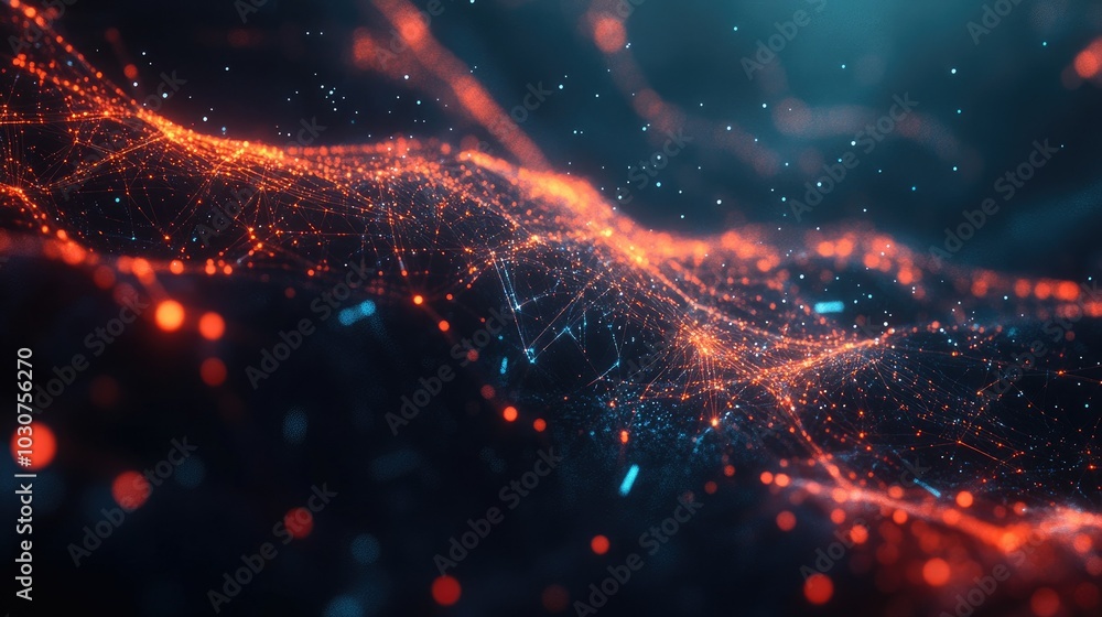 Poster abstract high-tech digital background with glowing particles and nodes representing data flow and te