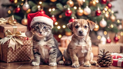 Christmas Puppy and Kitten with Presents  generative ai