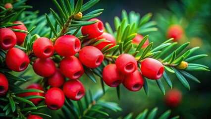 Obraz premium Forced perspective image of bright red yew berries against dark green needles in the background