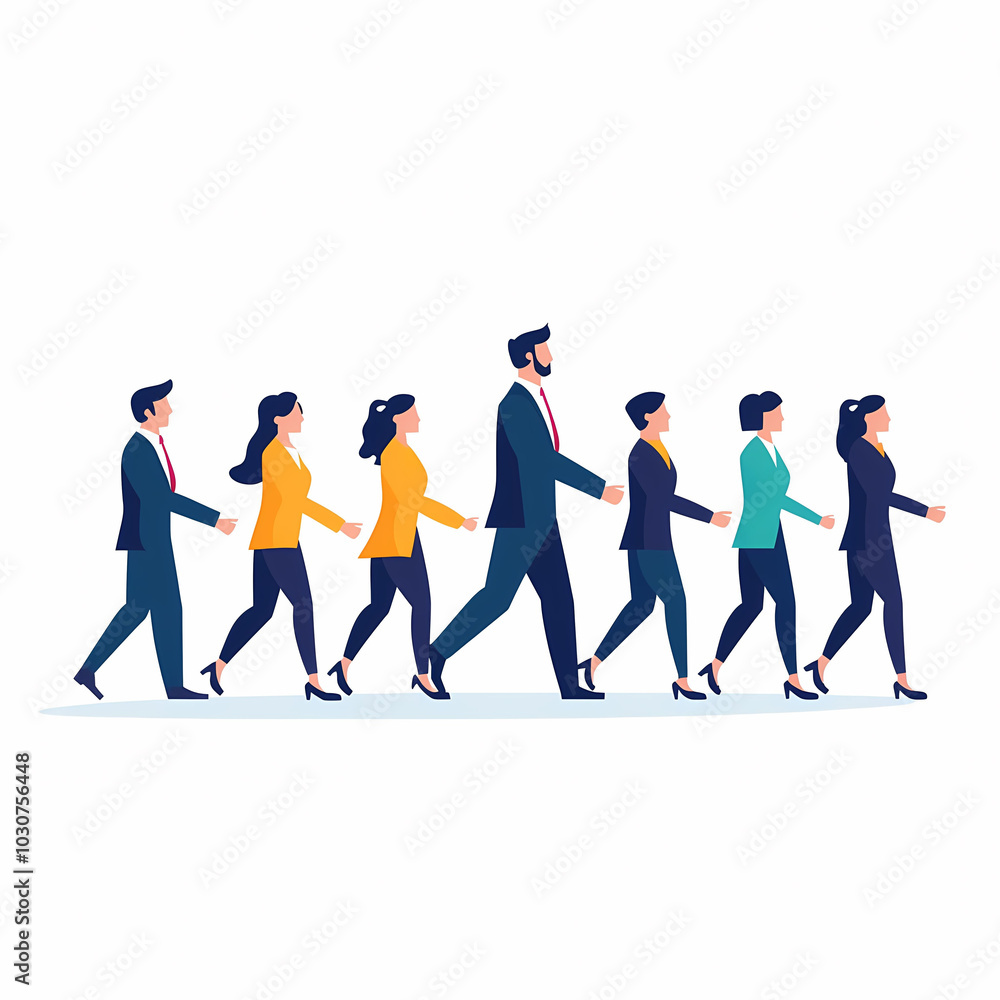 Poster diverse group of professionals walking in line, showcasing teamwork and leadership in business envir