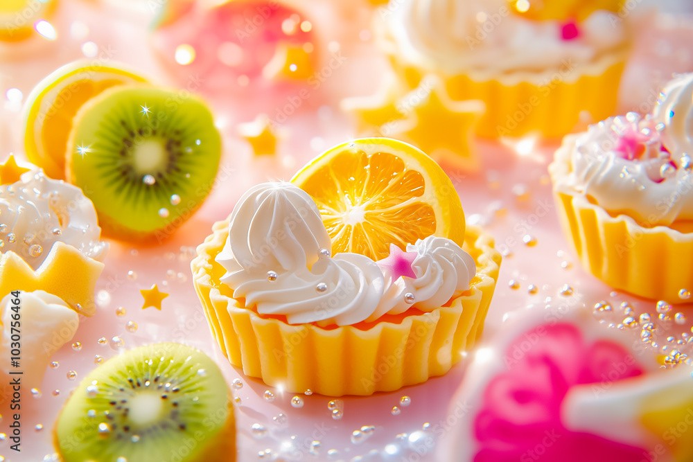 Poster small lemon tarts are beautifully arranged with whipped cream and fresh fruit on a colorful tabletop