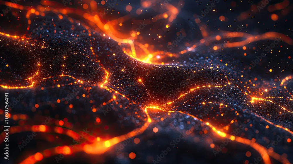 Poster abstract high-tech digital background with glowing particles and nodes representing data flow and te