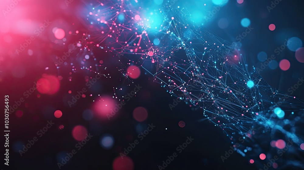 Poster abstract high-tech digital background with glowing particles and nodes representing data flow and te