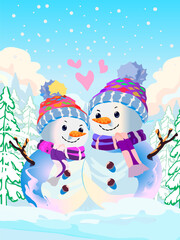 Christmas snowmen in love