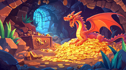 A vibrant cartoon illustration of a dragon guarding a pile of gold coins in a dungeon. The scene features detailed rocks, plants, and treasure, creating a magical fantasy atmosphere.