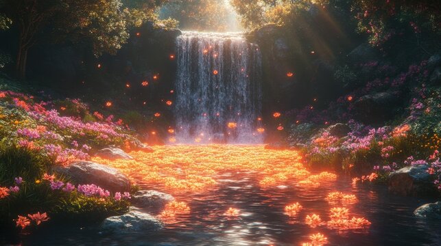 Vibrant Fantasy Landscape Featuring a Glowing Waterfall Perfect for Fantasy Art and Nature Themes