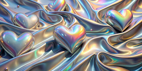 The holographic hearts rest on the surface of iridescent, flowing fabric. The sparkling colors create a vivid, dreamlike atmosphere with soft light reflections. Valentine's Day wallpaper. AI generated