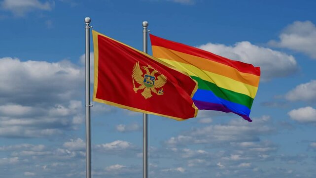 LGBT movement flag also Gay Pride and Montenegro two flags waving cycle looped video, tolerance conception in country