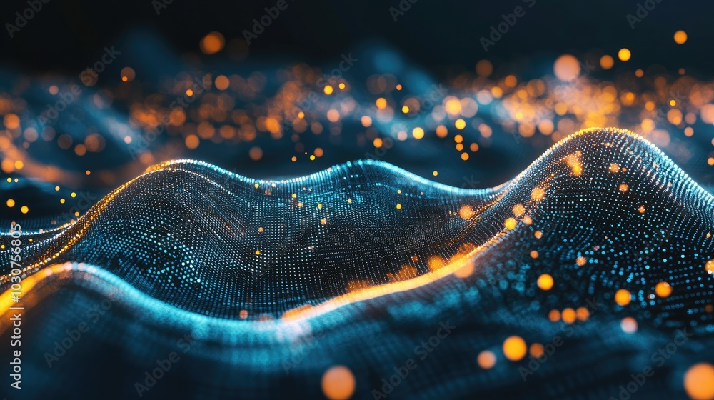 Poster abstract high-tech mesh with glowing particles and waveforms representing digital transformation and