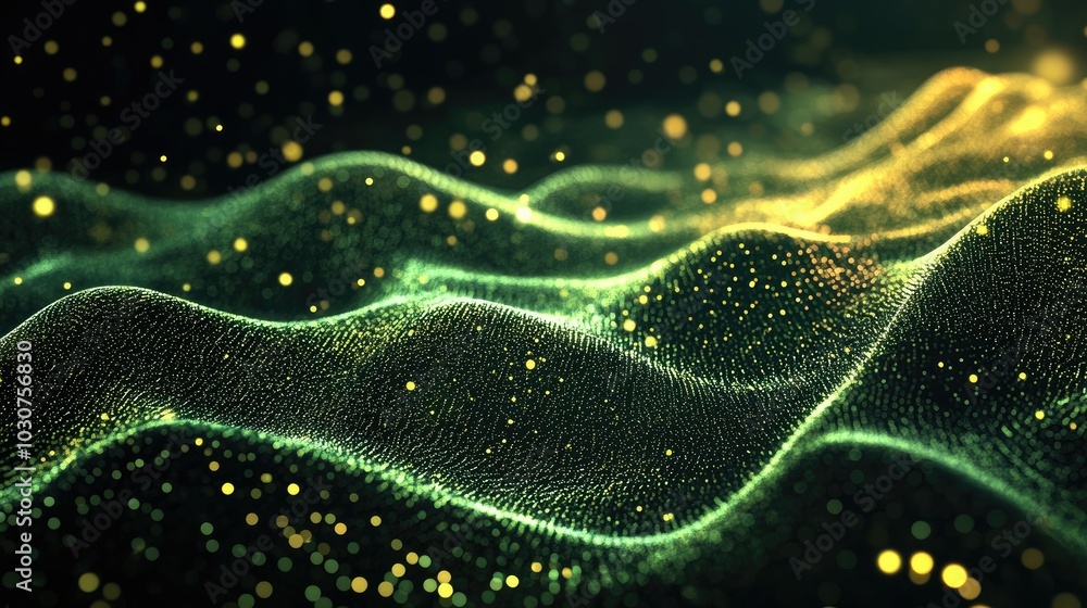 Poster abstract high-tech mesh with glowing particles and waveforms representing digital transformation and