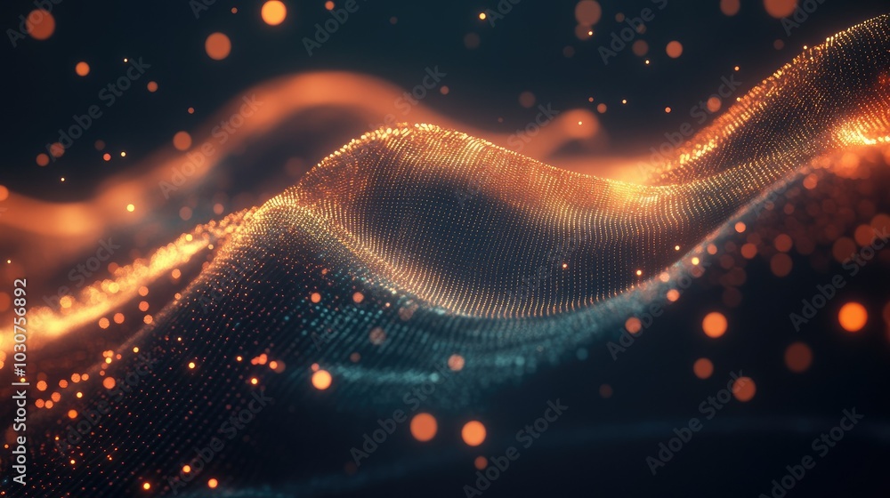 Poster abstract holographic interface with glowing data streams and digital particles representing advanced