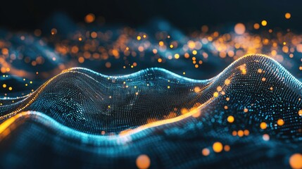 Abstract high-tech mesh with glowing particles and waveforms representing digital transformation and processes